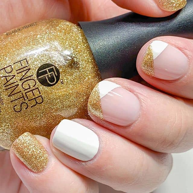 Geometric White and Glitter Gold Nails