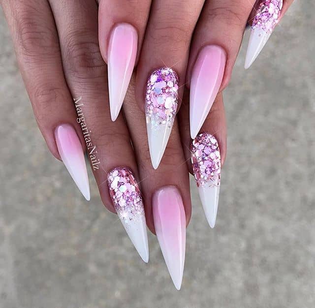 Daring Pink Glitter Stiletto Nails