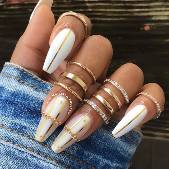 White Nails with Gold Jewelry and Chains