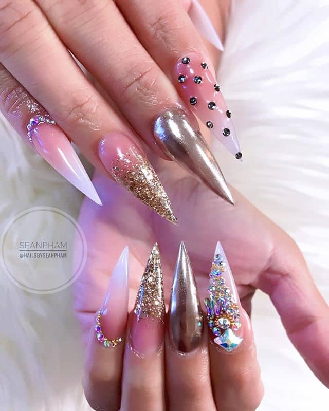 White, Gold and Pink Nails with Jewels