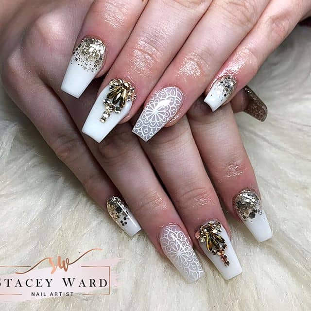 Jewels and White Pattern Nails Evoke Silk