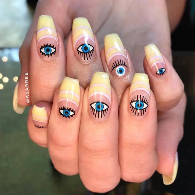 Creative and Unique Eye-Filled Yellow Short Coffin Nails, Nail Art