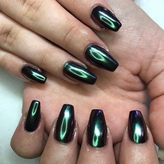 Stunning Emerald Green Chrome Short Coffin Nails by Paige, Nail Art