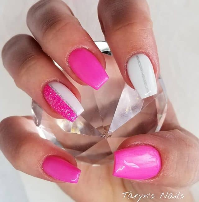 Neon Split Pink and White Gel Short Coffin Nails, Nail Art