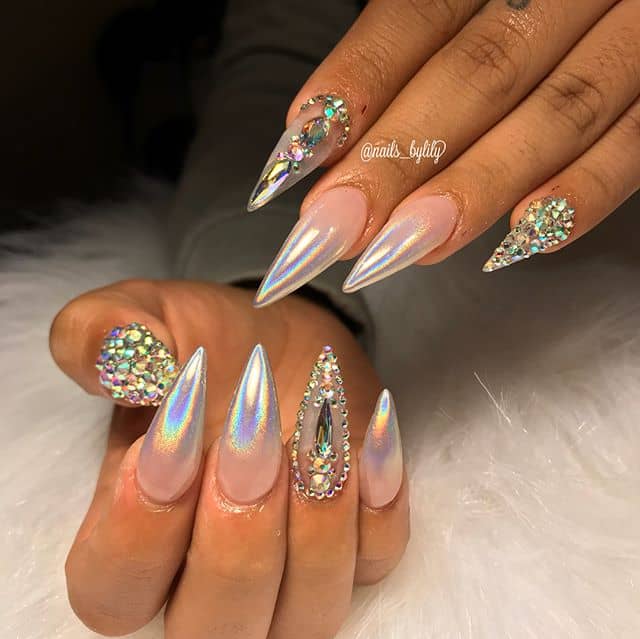Bejeweled Metallic Ombre Stiletto Nails
