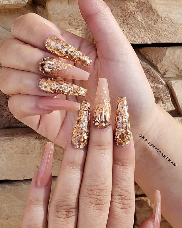 Long Crystal Glitter and Gold Prom Nail Design