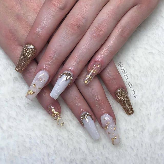 Cute and Transparent White and Gold Nails