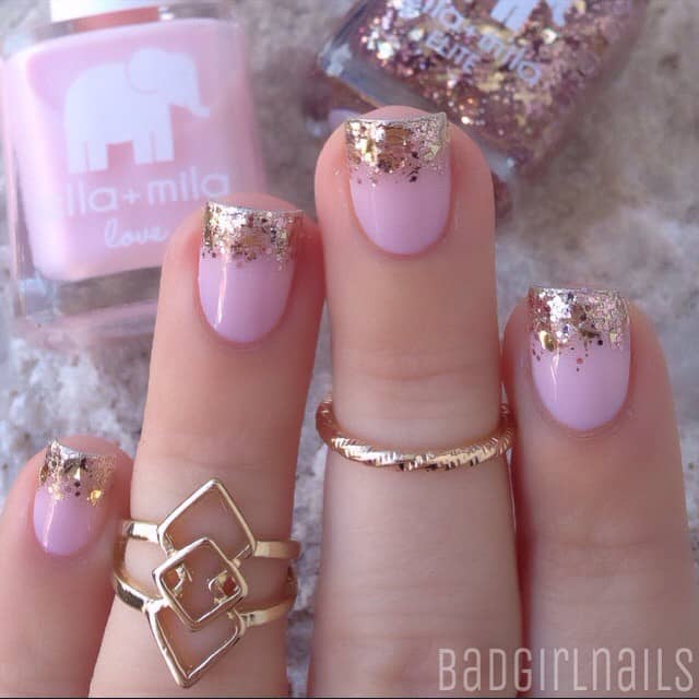 Gold Glitter Tipped Pink Princess Nails