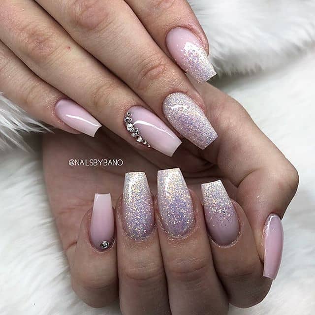 Eloquent Glitter and Pink Short Coffin Nails with Jewels, Coffin Nails Feature