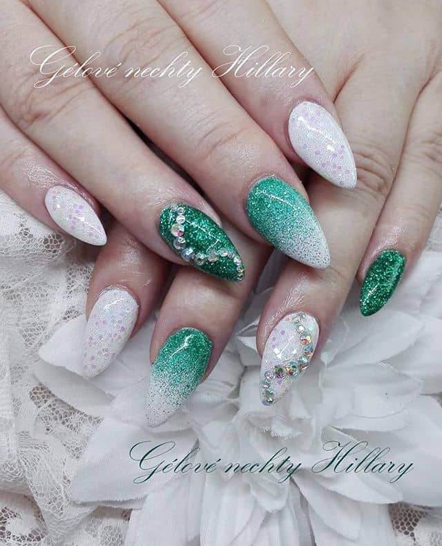 Beautiful Emerald Queen Frosty Nails with Tiny Jewel Accents