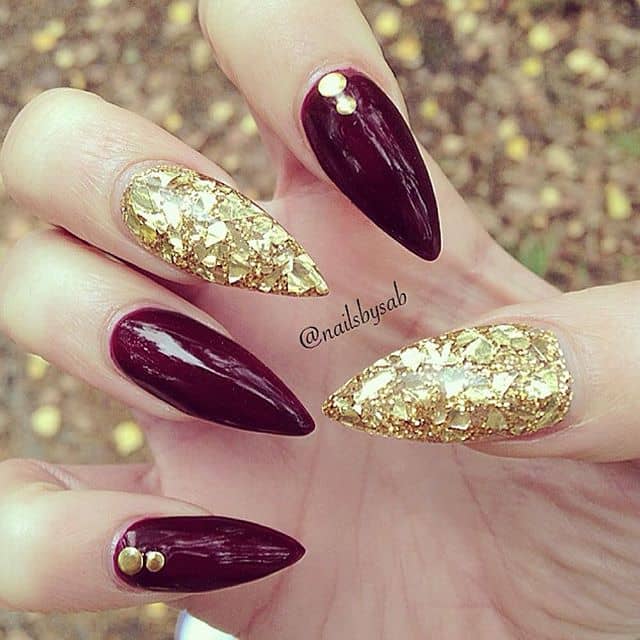 Best Red Nails with Gold Leaf Glitter and Gems