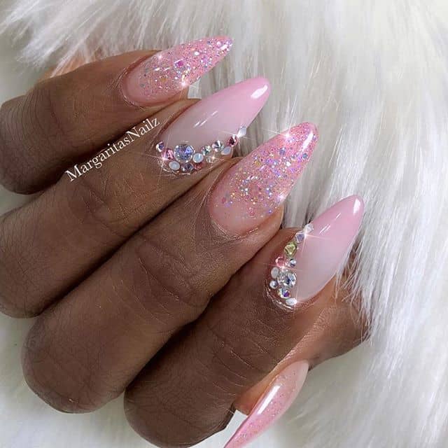 Bejeweled Pink Glitter Nails with Embellishments