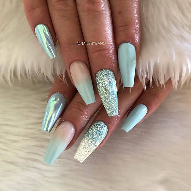 Aquamarine Ombre Glitter Prom Nail Ar