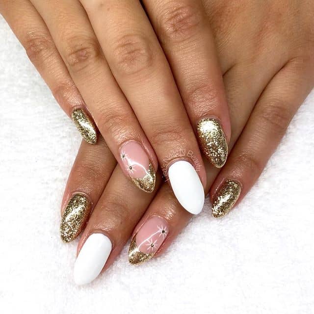 Pink, White and Gold Nails Shine Bright