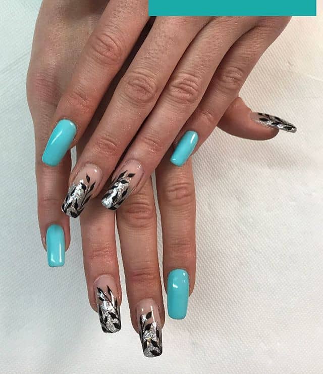 Teal and Glitter Leave Vine Silver Nails