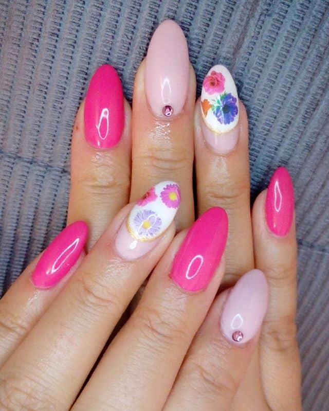 Asymmetric Pink and Purple Flower Nails