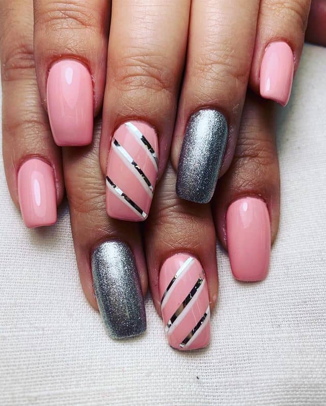 Pink and Silver Striped Nail Designs