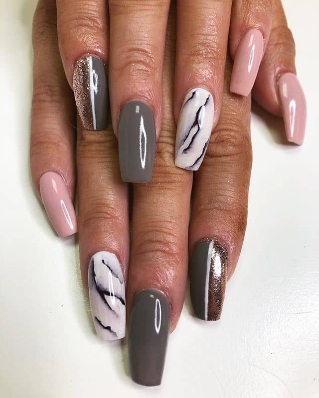 Silver Marble and Pink Silver Nails