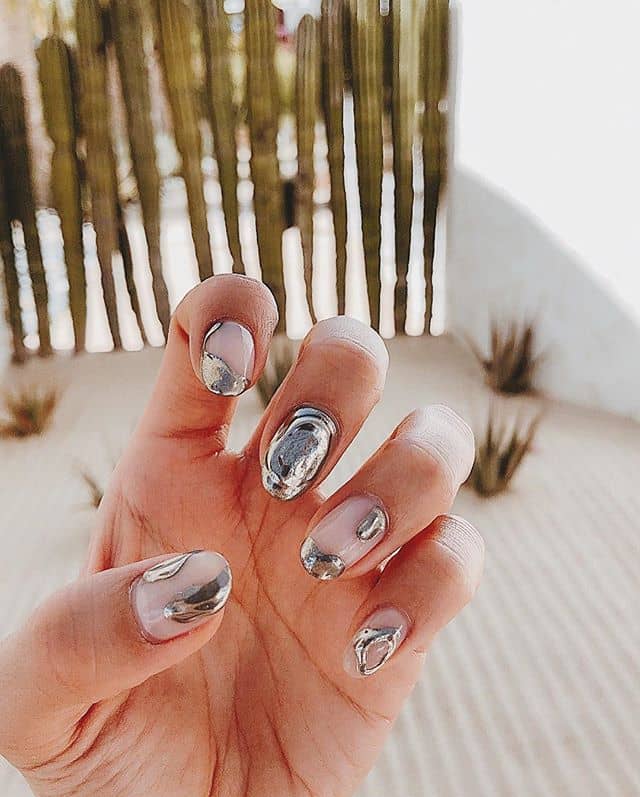 Melted Silver on Clear Round Nails