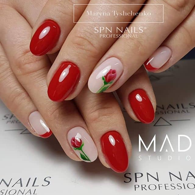 Chic Cherry Red Flower Nails