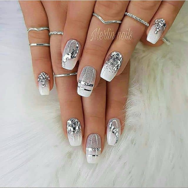 Shimmering White and Silver Nails with Gemstones