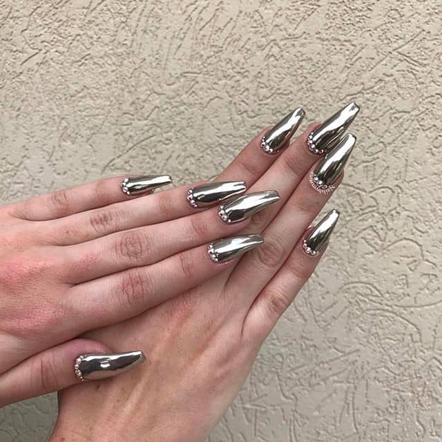 Metallic Silver Nails with Cubicle Gemstones