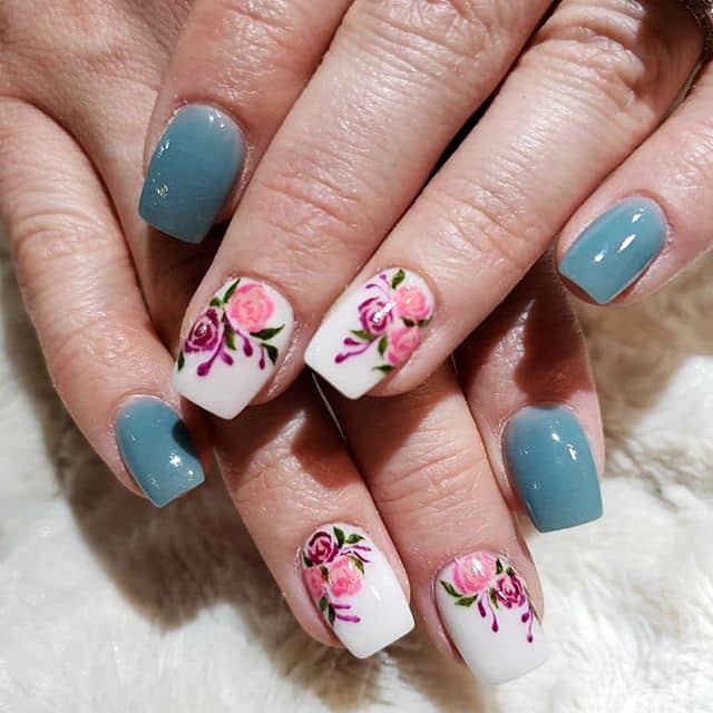 French Country Blue and Flower Nail Art