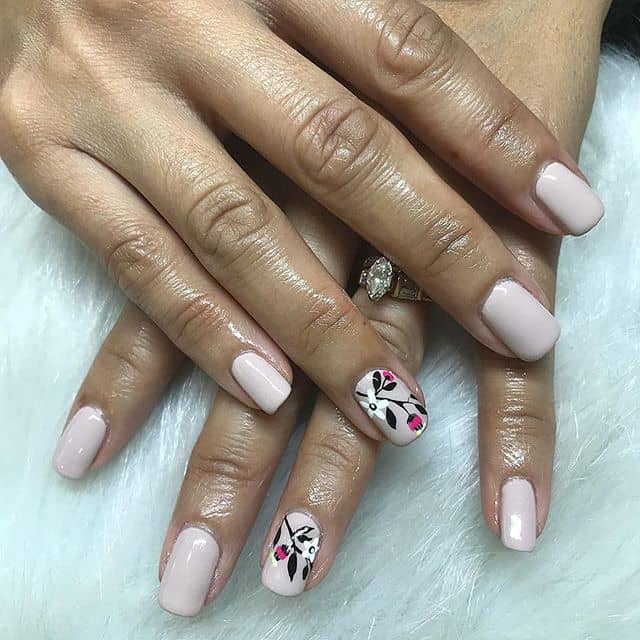 Basic Nude Color with Flower Nail Art