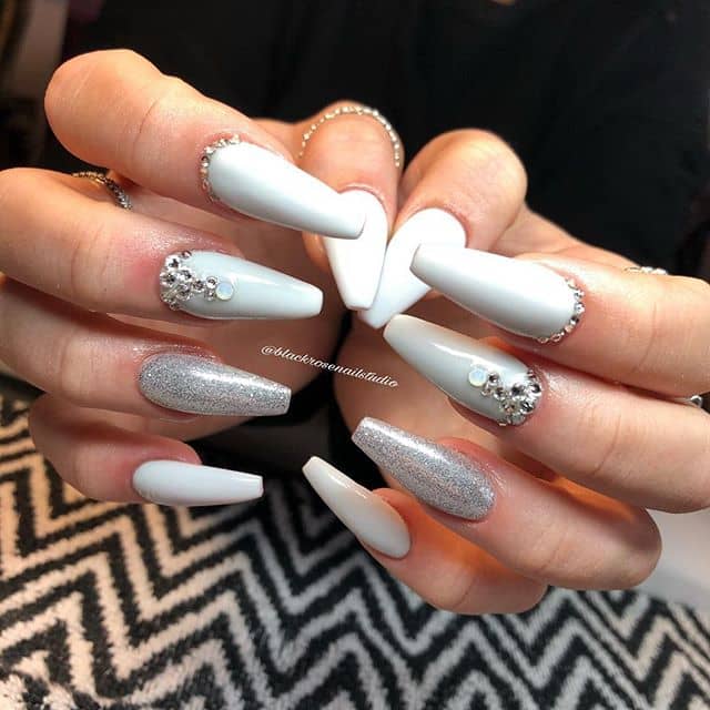 Long Jeweled Silver Nails and Gemstones