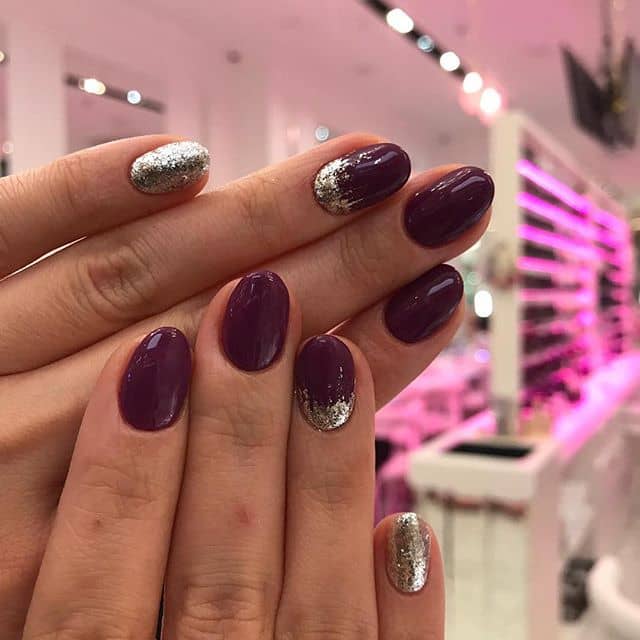 Short Round Tipped Maroon and Silver Nails