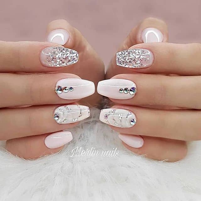 Light Pink Silver Glitter Gemstone Nails