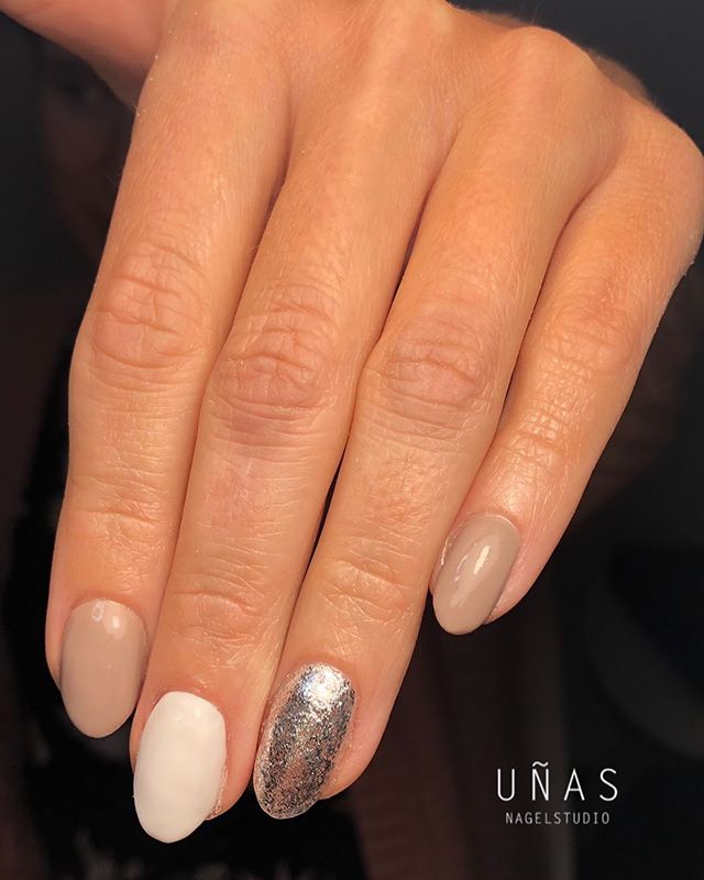 Coffee-Colored Nails with Metallic Silver Accent