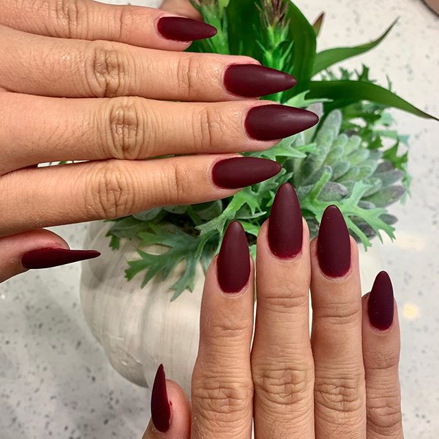 Bold Matte Burgundy Stiletto Nails