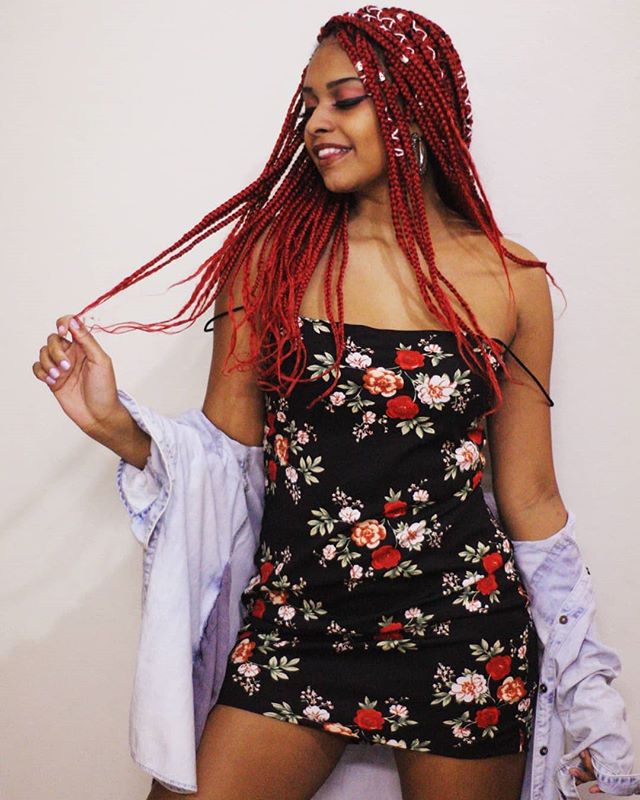Cherry Red Box Braids with String Accents