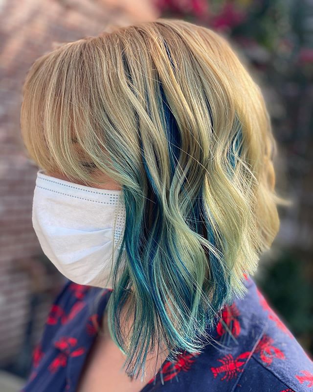 Curly Asymmetrical Bob with Blue Roots and Curtain Bangs