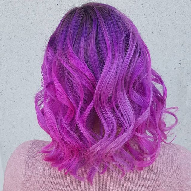 Violet and Fuscia Wavy Bob with Balayage