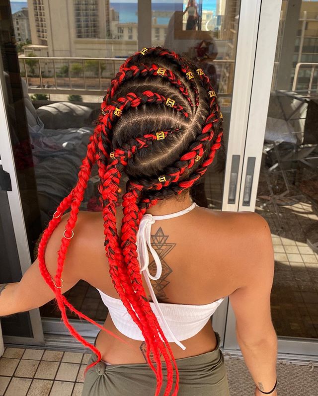 Red and Black Spirals with Gold Cuffs Cornrow Hairstyle