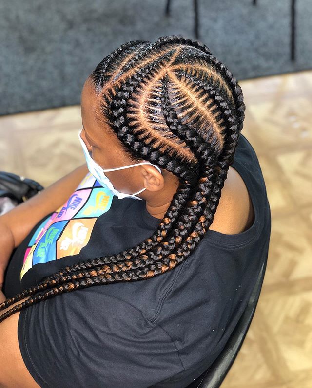  Leaf-pattern cornrow braids with brown streaks