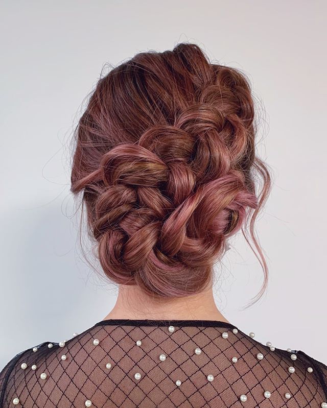 Messy Pinned-Up Braid with Red Highlights