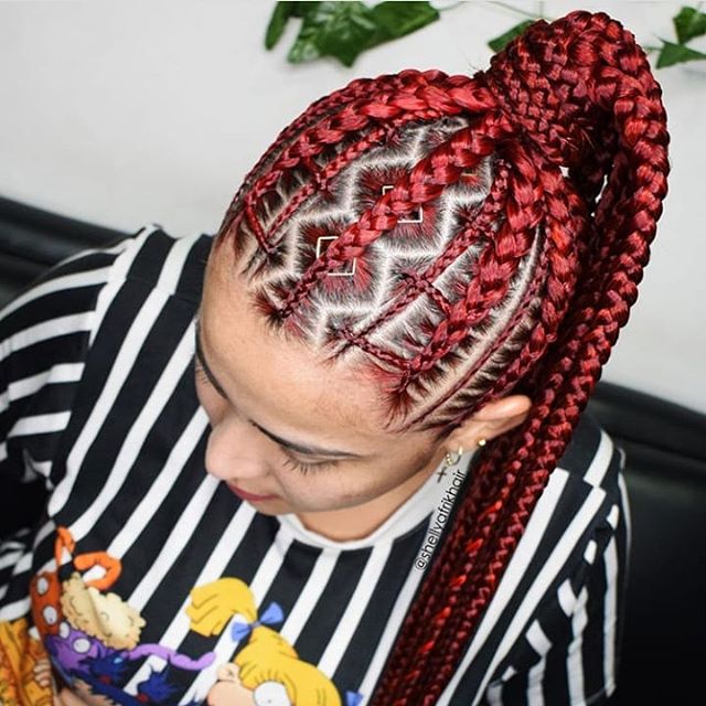 Jet red ponytail with an intricate pattern