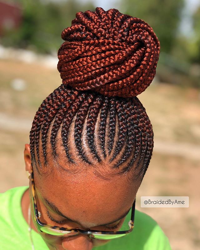  Red Straight-Back Braids in High Bun