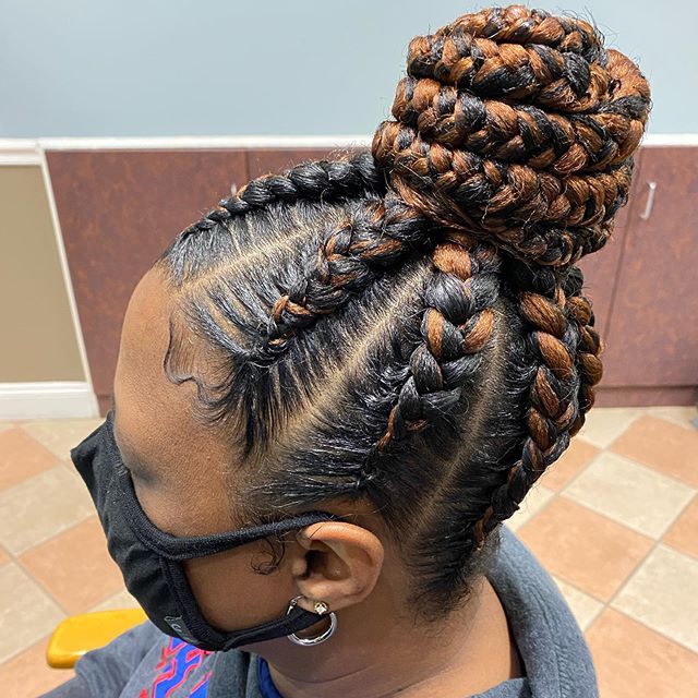 Cornrow Updo with Honey Blonde Streaks