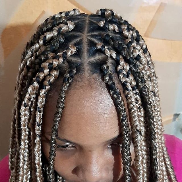 Black and blonde braids with a center part
