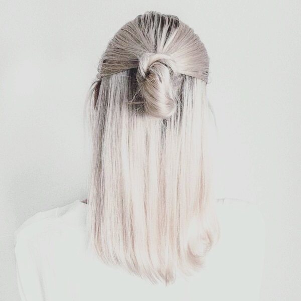 Icy Blonde Mid-Length Hair with Half Bun Updo