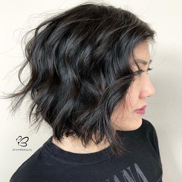 Short Black Lob With Beachy Waves