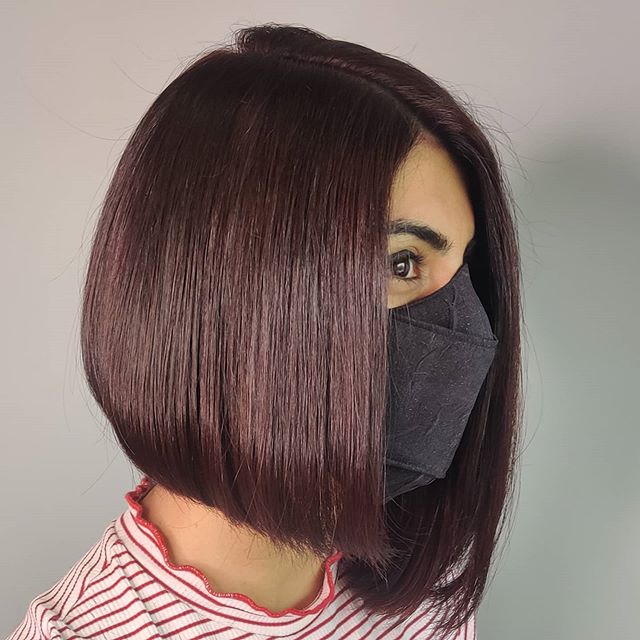 Straight Asymmetrical Bob in Burgundy