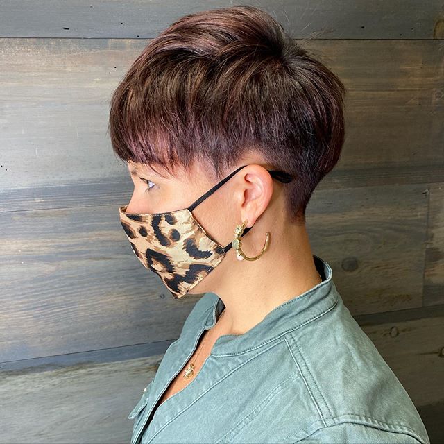 Best Short Sides Long Top Hairstyle Ideas with Mahogany Tinted Pixie Cut