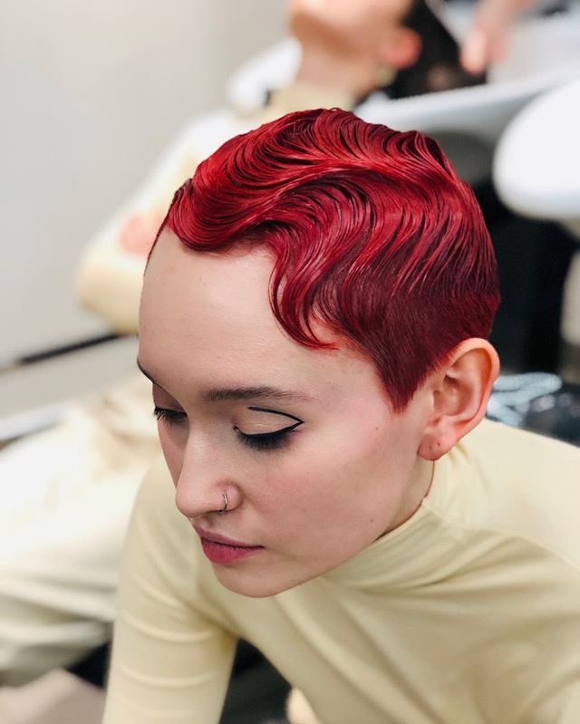 Precious Pixie Cut with Finger Waves and Red Highlights