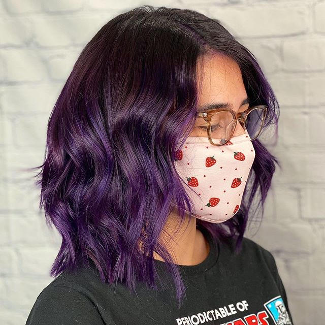 Plum Highlighted Spunky Long Bob Black and Pastel Purple Hair