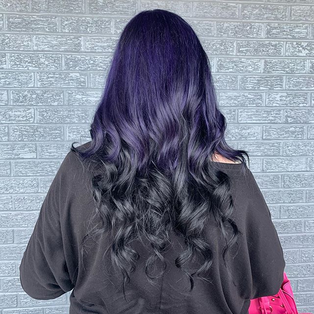 Sweetly Curled Reverse Ombre Black and Purple Hair